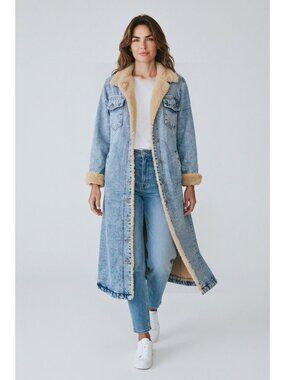 vtg sherpa lined light wash long denim coat jean jacket duster sz S